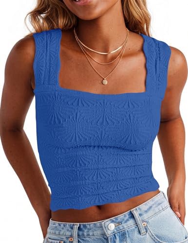 Womens Floral Jacquard Tank Tops Summer Square Neck Straps Crop
